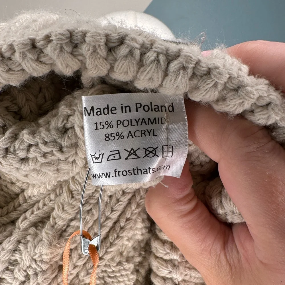 Frost Cable Knit Pom Beanie Hat – Beige, Faux Fur Pom, Made in Poland - Picture 6 of 7